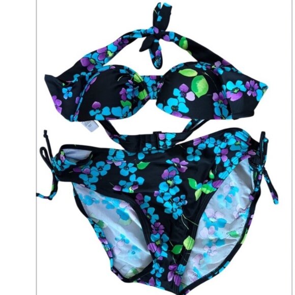 Maidenform Other - Maidenform Swimwear 2 Piece Bathing Suit Black & Blue Print Large Bottom 34B Top